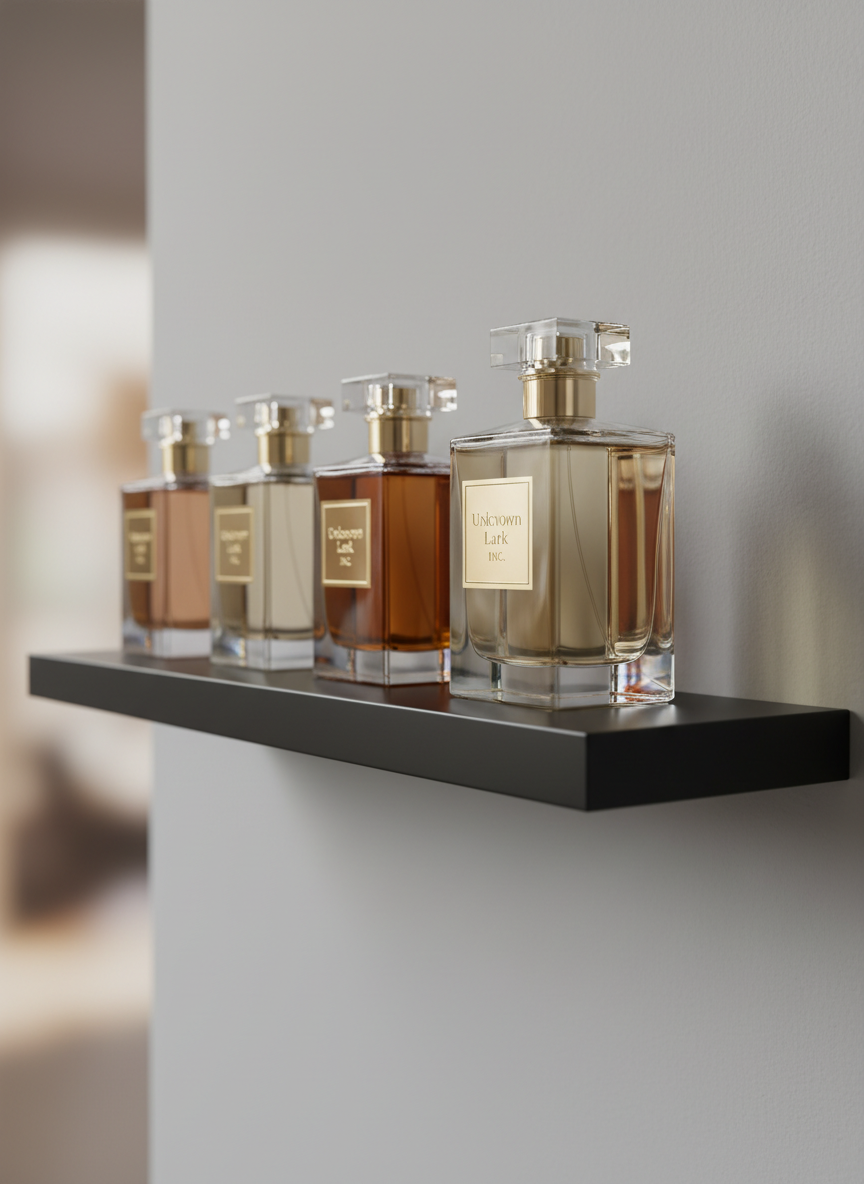 A collection of high-end fragrance bottles displayed on a floating matte black shelf against a soft dove-grey wall, photographed in luxurious photographic realism. Each bottle is crafted from thick crystal-clear glass with subtle faceted edges, filled with liquids in champagne, amber, and blush tones. Elegant minimalist labels in gold foil and fine typography read “Unknown Lark INC.” Soft diffused daylight from the left creates refined highlights and gentle shadows, enhancing the glass transparency. The shelf surface reflects a faint, polished sheen. Background elements fall into a smooth bokeh, keeping focus on the central bottle framed in the rule of thirds. The mood is sophisticated, calm, and exquisitely refined, perfect for a premium online fragrance store hero image.
